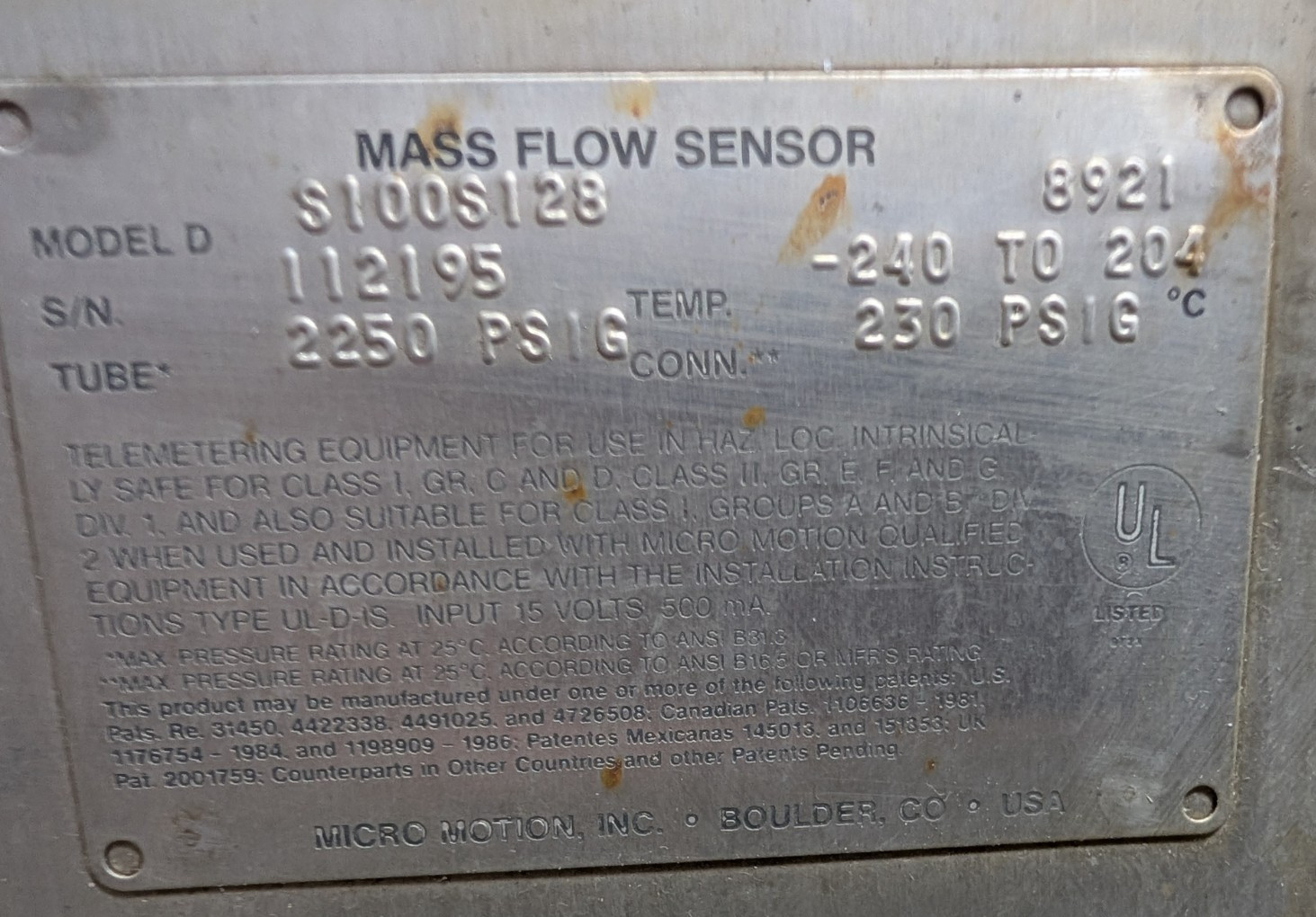 🤪 EMERSON MICRO MOTION MASS FLOW SENSOR 2250 PSIG MODEL D S100S128