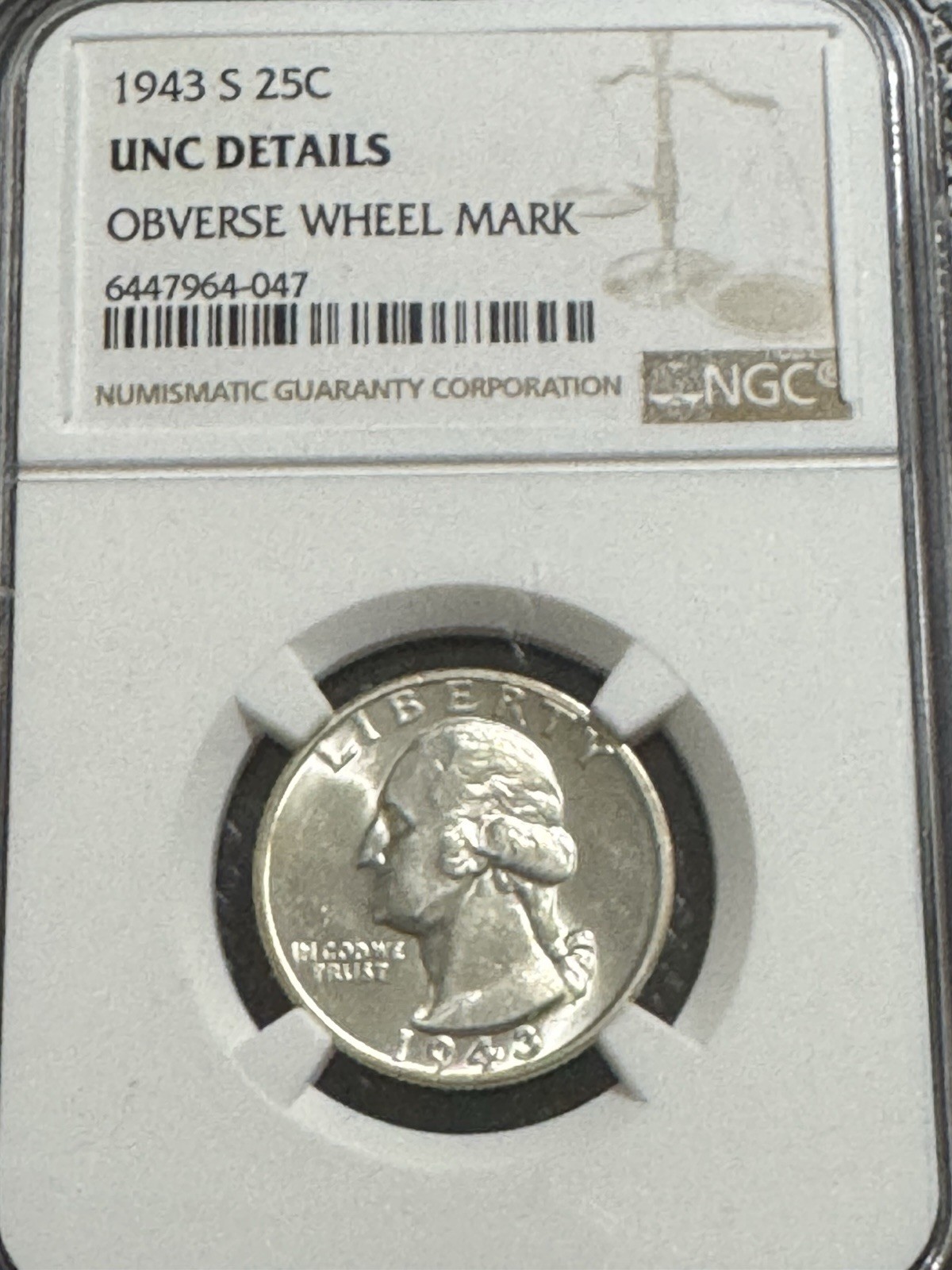 1943-s Washington Quarter, NGC UNC Details, Nice Coin, Free Shipping