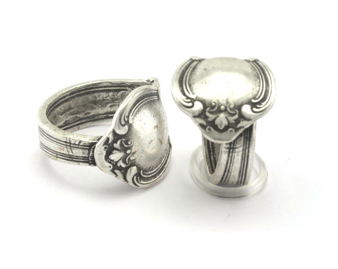 Spoon Ring Flower Patterned Adjustable Ring Antique Silver Plated Brass 7US
