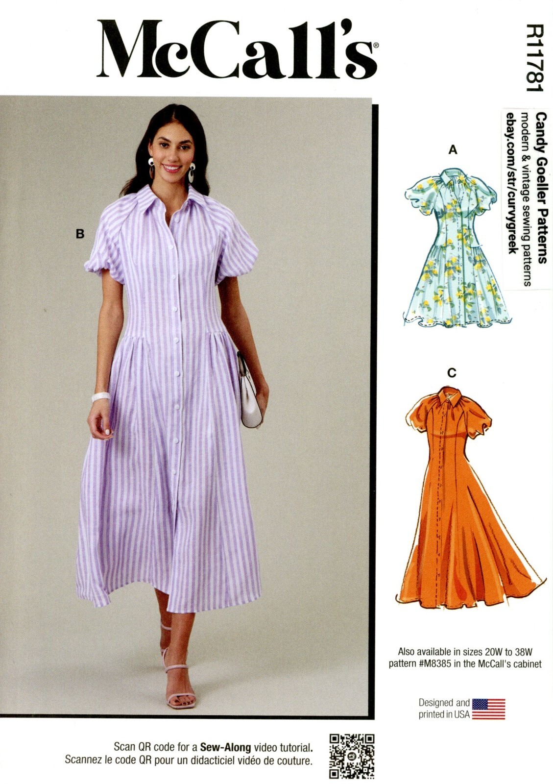 McCall's R11781 Shirtdress in 2 Lengths w Puff Sleeves Sz 14-22 UNCUT M8384