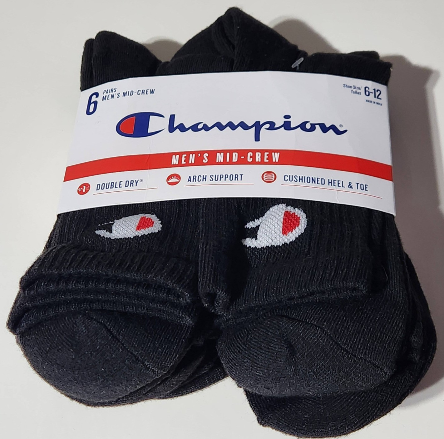 Champion Mens Mid-Crew Socks Black 6 Pack  ~  Size 6 to 12 ~ NEW