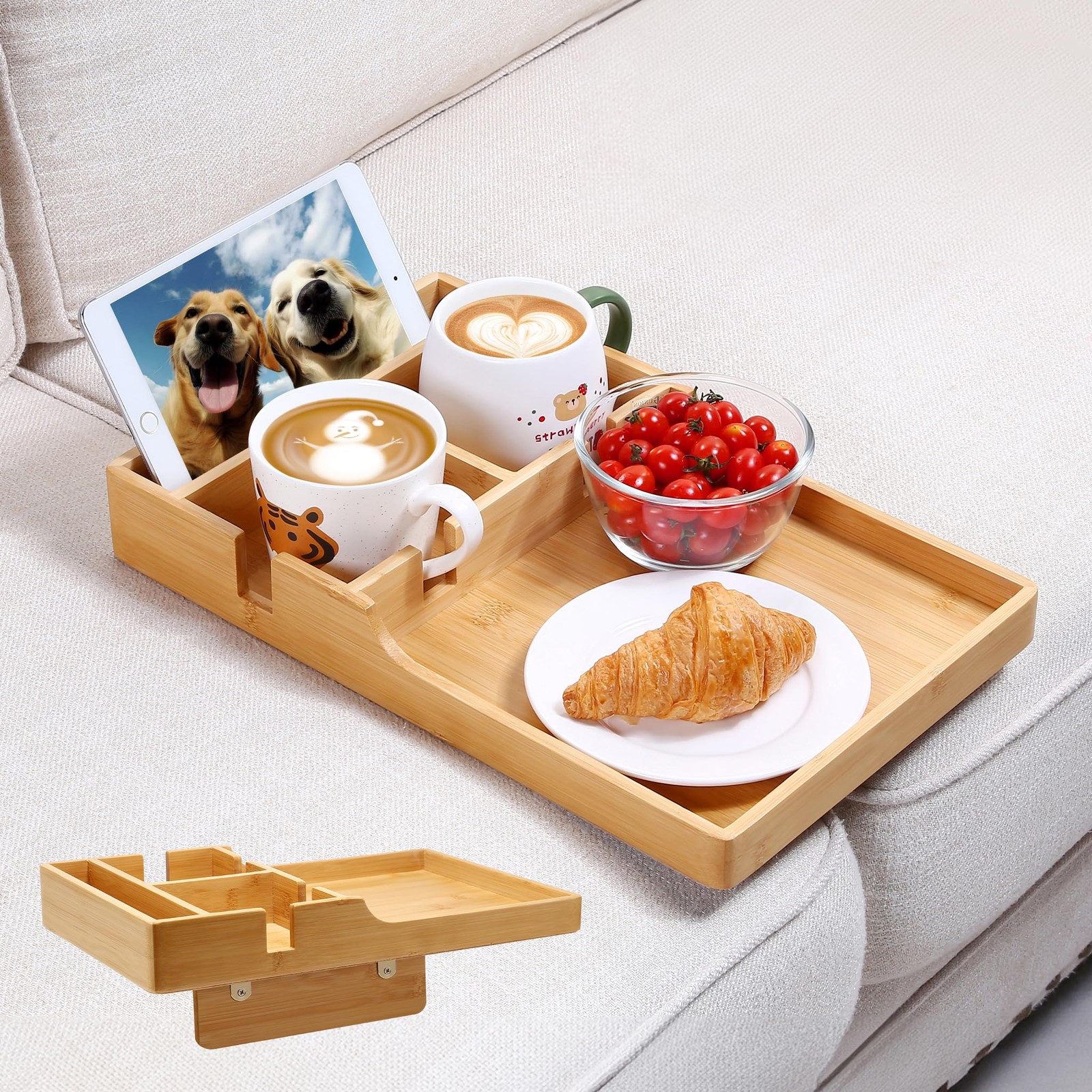 Nnewvante Couch Tray, 2-in-1 Insert & Flat Sofa Organizer Bamboo with 2 Cup H...
