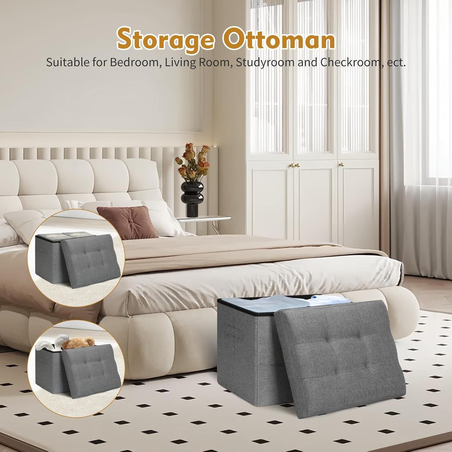 Storage Ottoman with Extra Thick Foam Padded Seat, Foldable Foot Rest Stool with