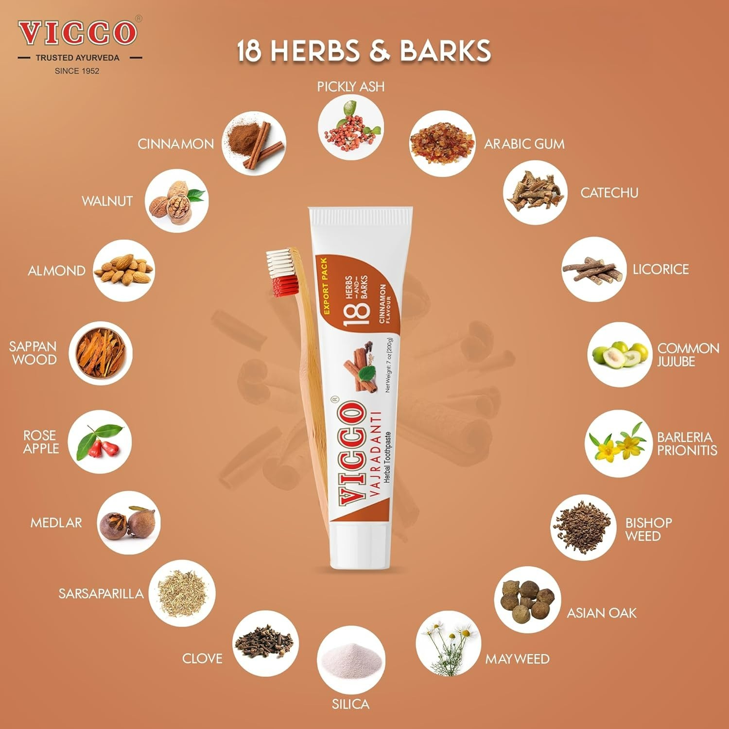 Ayurvedic VICCO Vajradanti Toothpaste 200g - Cinnamon Flavor 3 pack