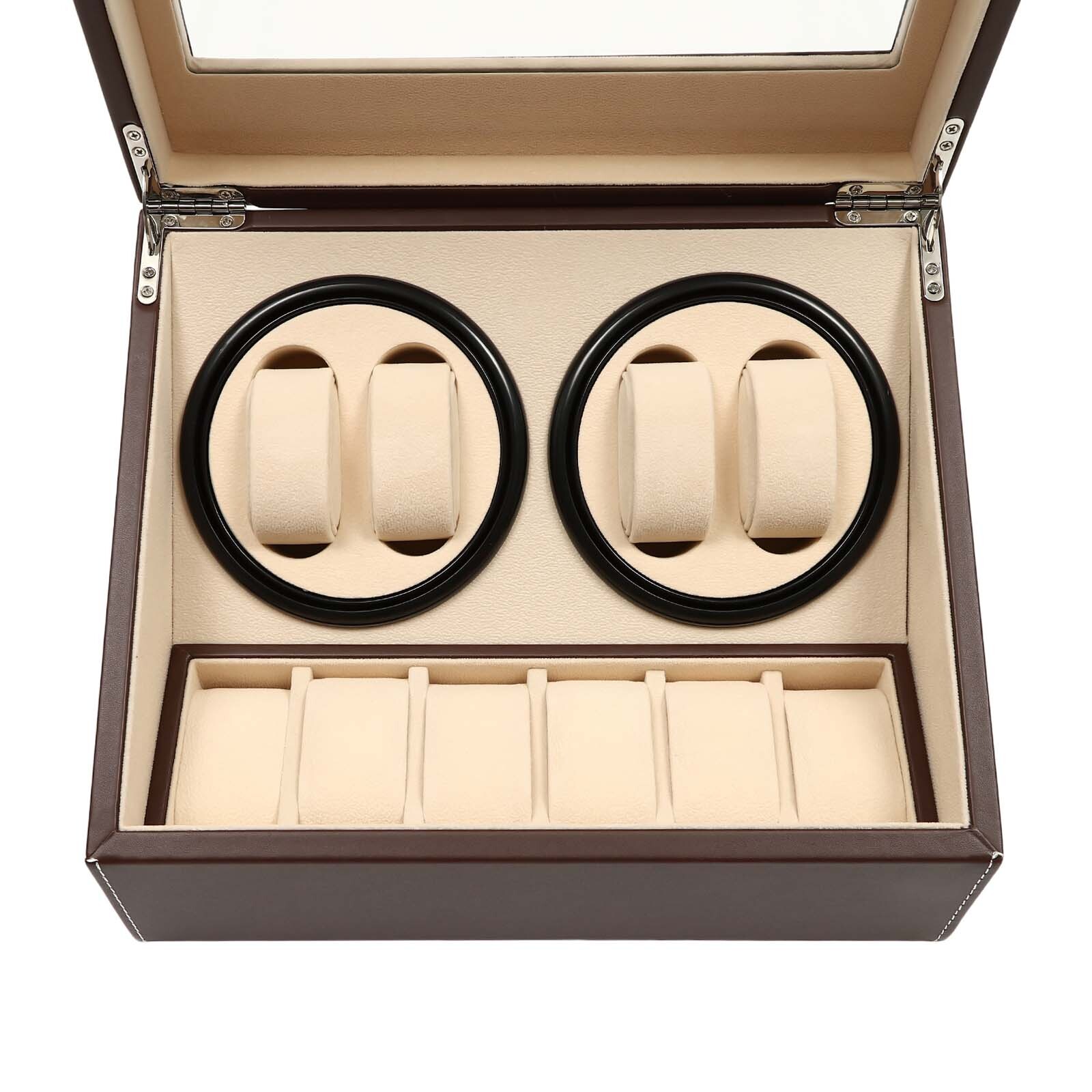 4+6 Automatic Rotation Leather Wood Watch Winder Storage Box Display Case