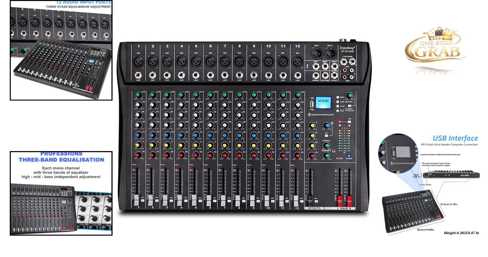 DT12 12-Channel DJ Audio Mixer with USB, Bluetooth, XLR & RCA Input