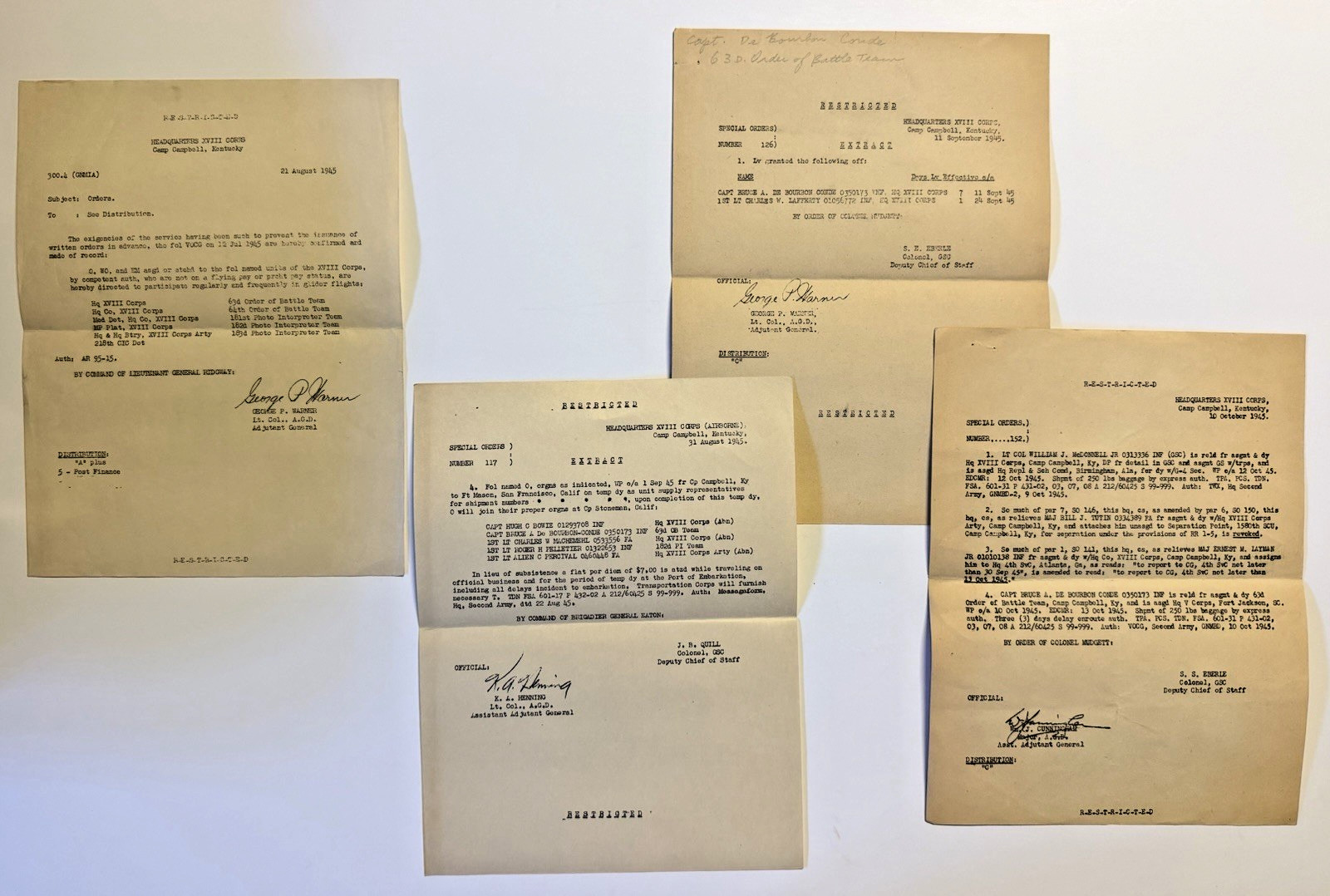 WW2 "RESTRICTED" Collection of U.S. Army XVIII Corps Documents; 4 Pages; 1945