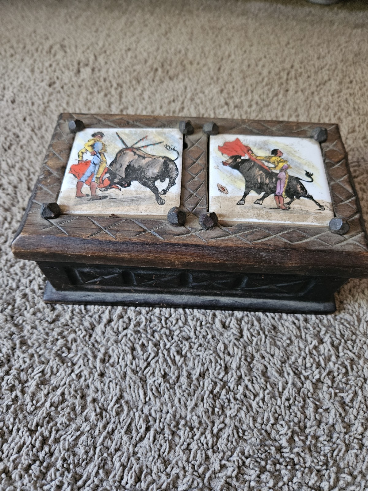 Vintage Matador Wooden Trinket Jewelry Box Carved