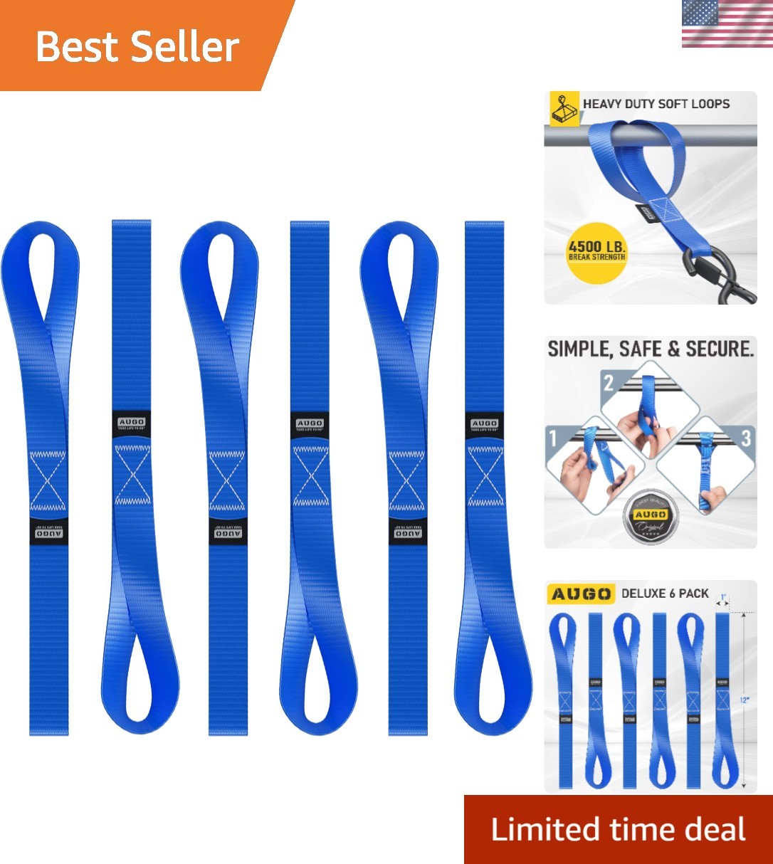 Heavy Duty Soft Loop Tie Down Straps - 6 Pack - 4500 lbs Capacity for Secure ...