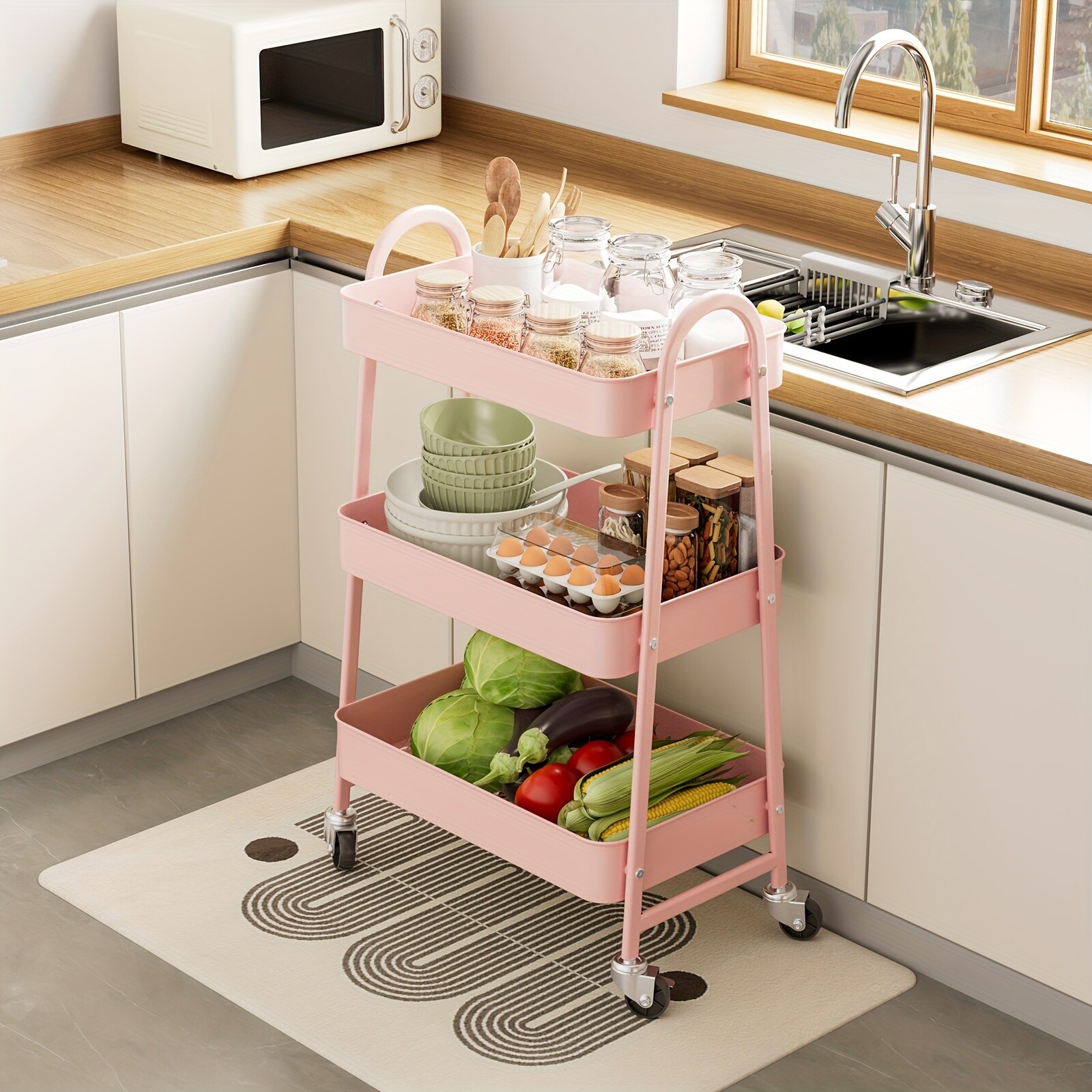 3-Tier Rolling Kitchen Cart, Metal Frame with Plastic Wheels, Space-Saving