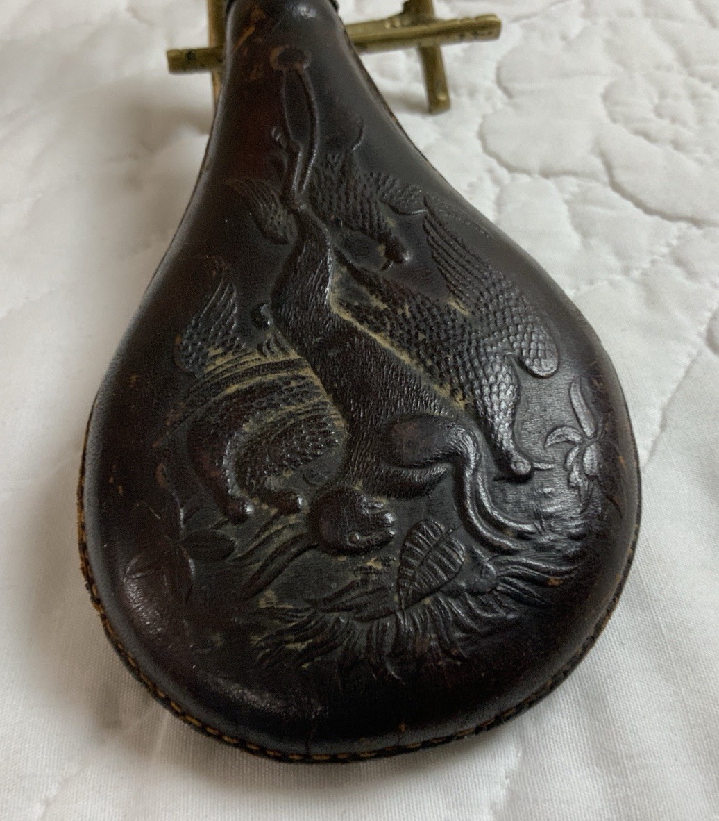 Antique Embossed Leather Powder Flask, Hare & Game Bird, Leaves Motif, Brown
