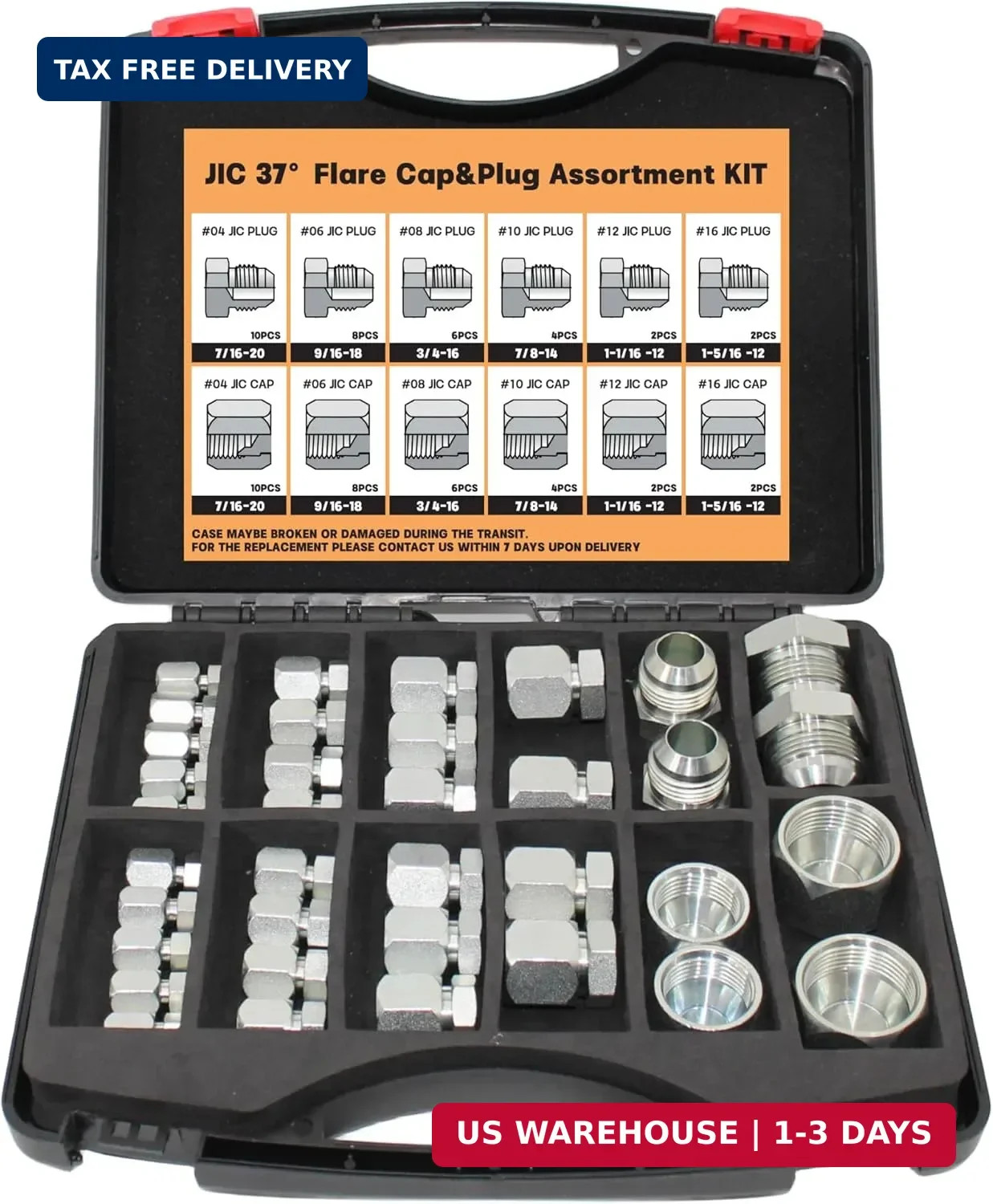 64 Pcs Hydraulic Hose Tube and Pipe Fitting Kit, 37° Flare JIC Cap and Plug Kit,