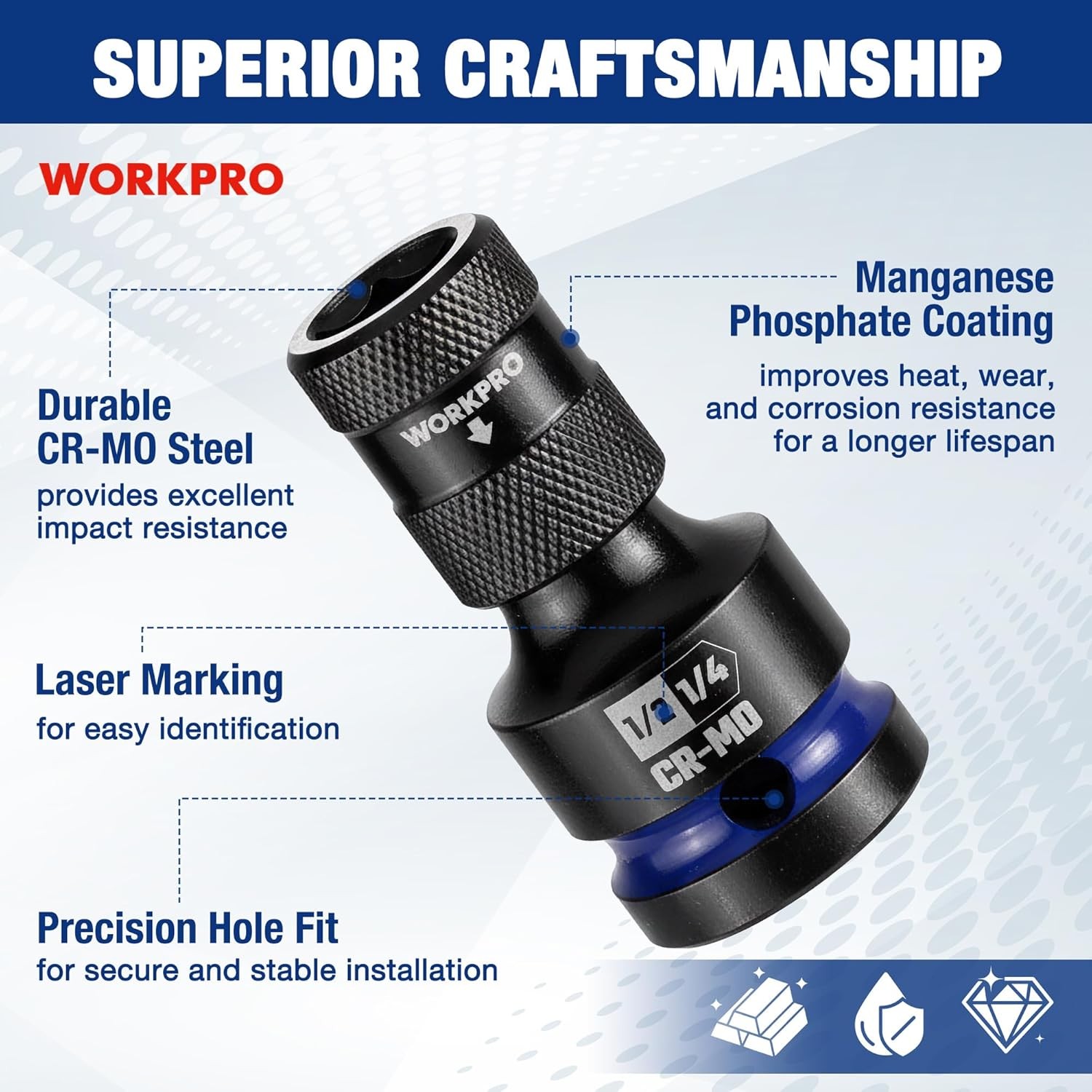 WORKPRO 1/2" Square to 1/4" Hex Quick Release Impact Socket Adapter Bit Holder
