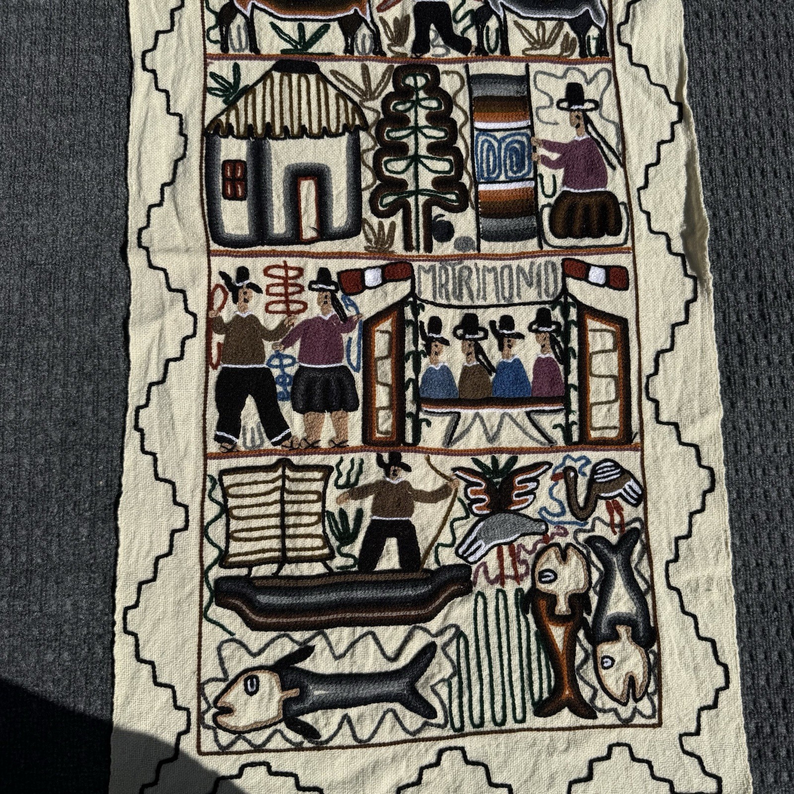 Vintage Folk Art Embroidery Peru "Matrimonio" 42”x23” Wall Hanging Wedding Gift