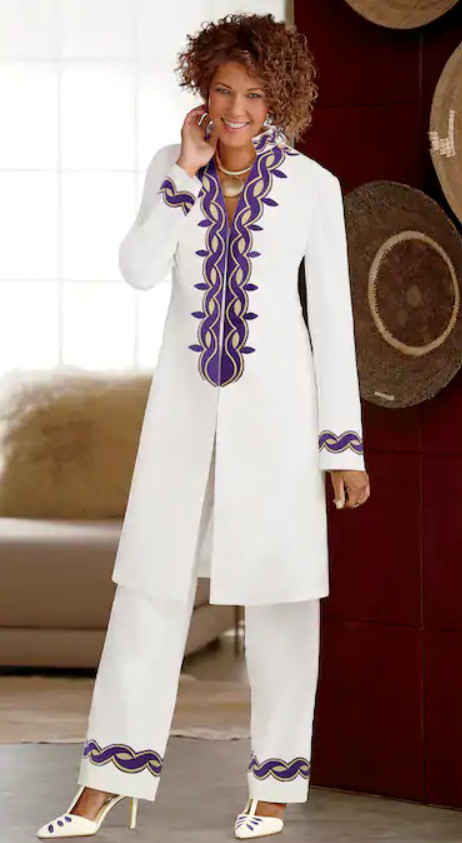 26W PLUS Ashro White Purple African American Pride Asina Embroidered Pant Suit