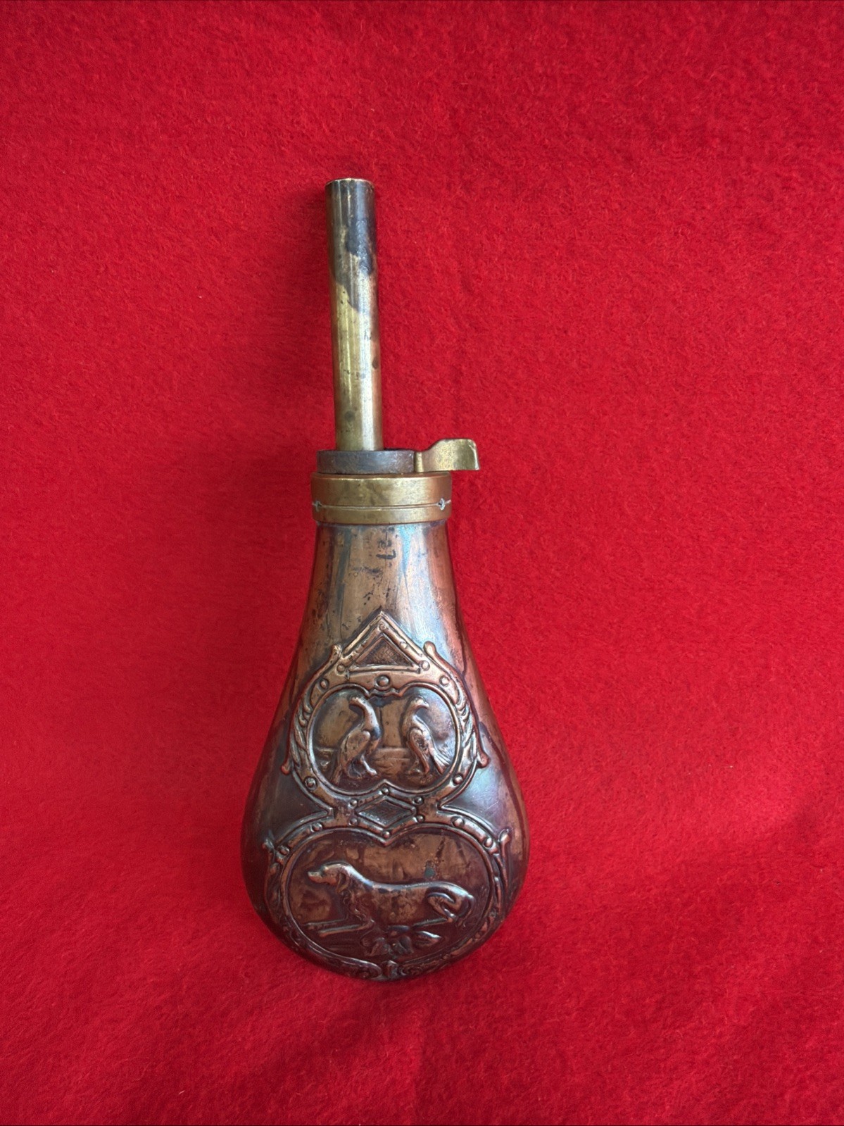 Copper Black Powder Flask with Pheasant & Dog Embossed