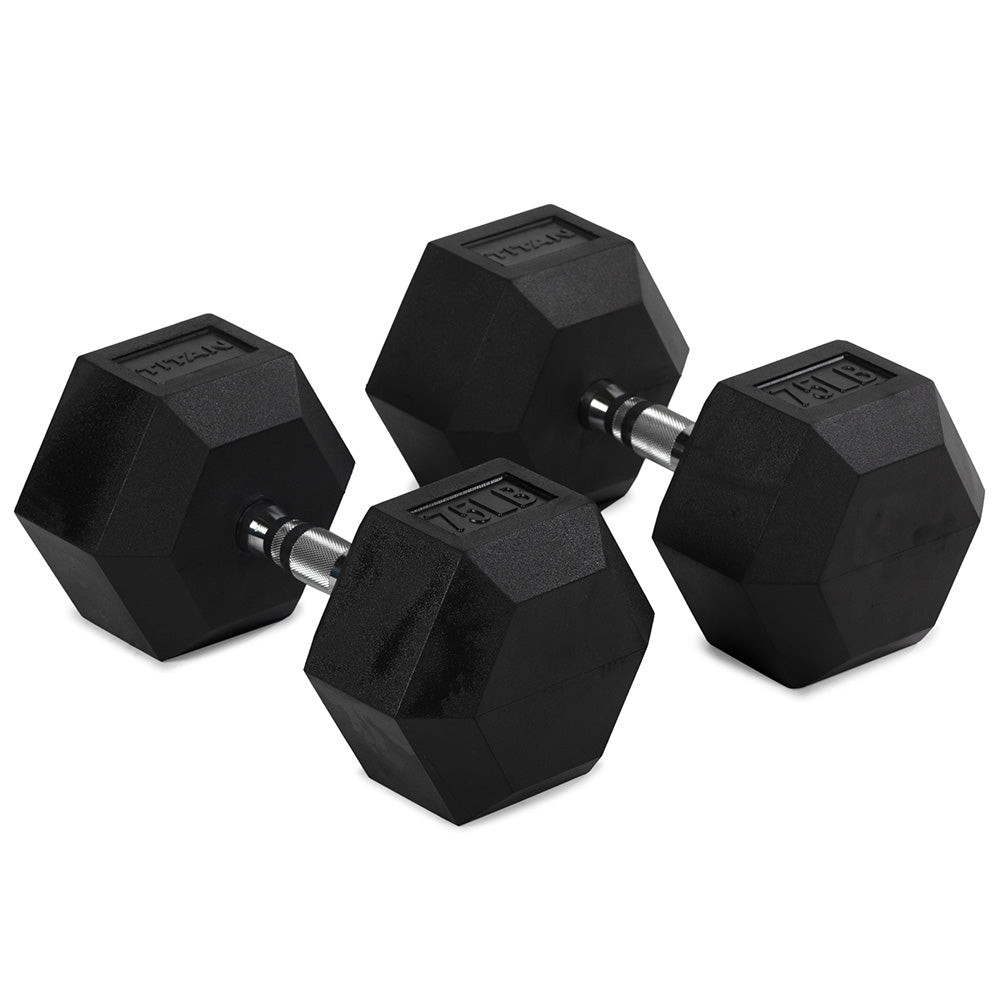 Titan Fitness 75 LB Pair Free Weights, Black Rubber Coated Hex Dumbbell