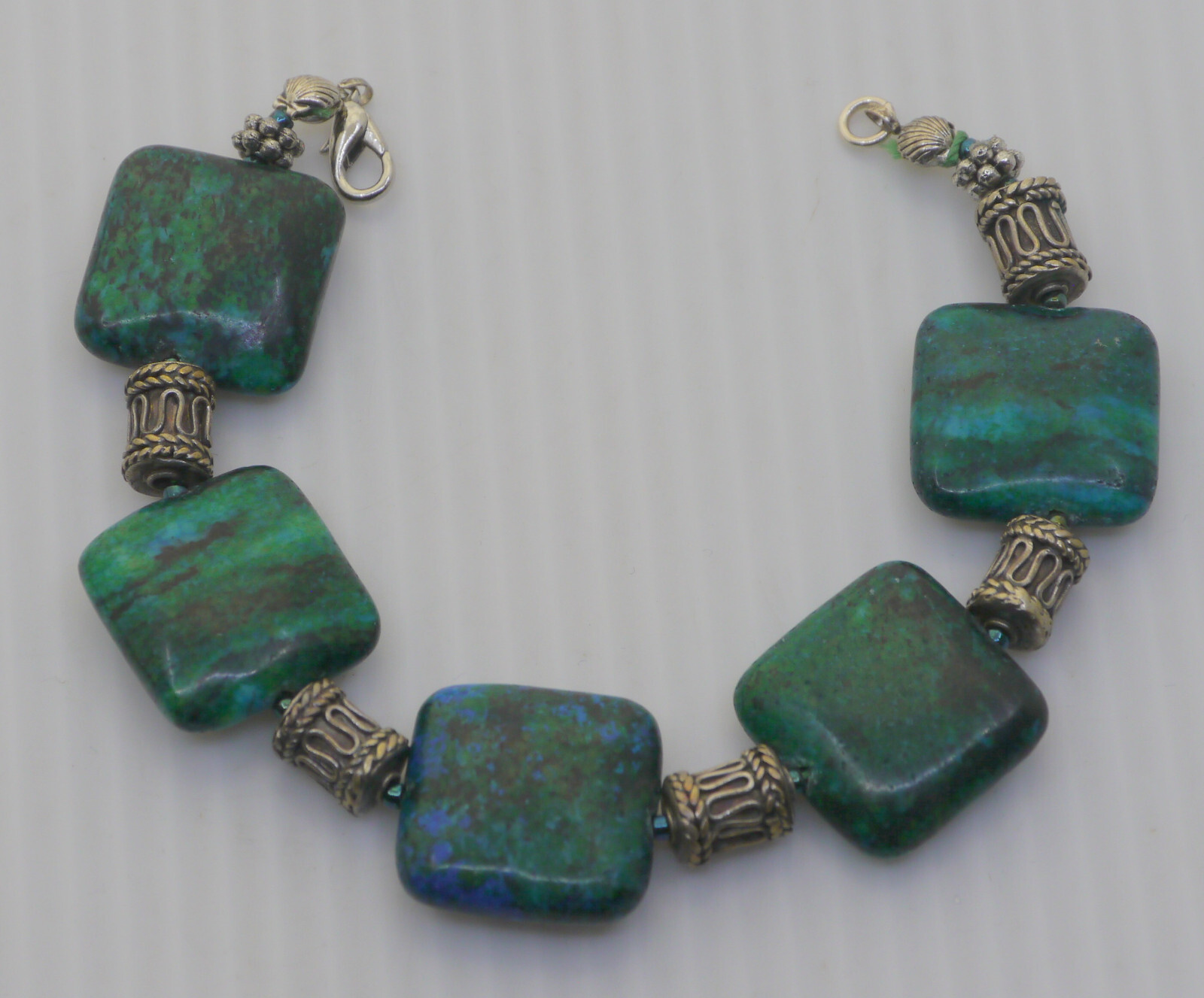 OLDER HAND CRAFTED, ARTISAN BRACELET WITH STONE AND METAL BEADS, 7.5 INCHES