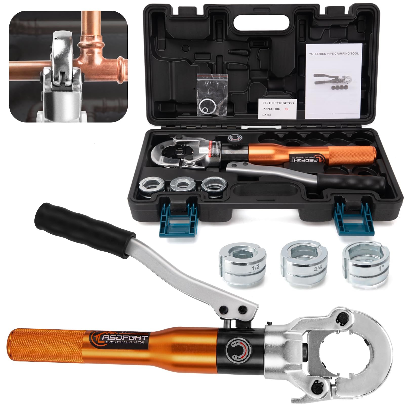 Copper Pipe Crimping Tool  with 1/2", 3/4", 1" Jaws, Copper Tube Fittings Hyd...
