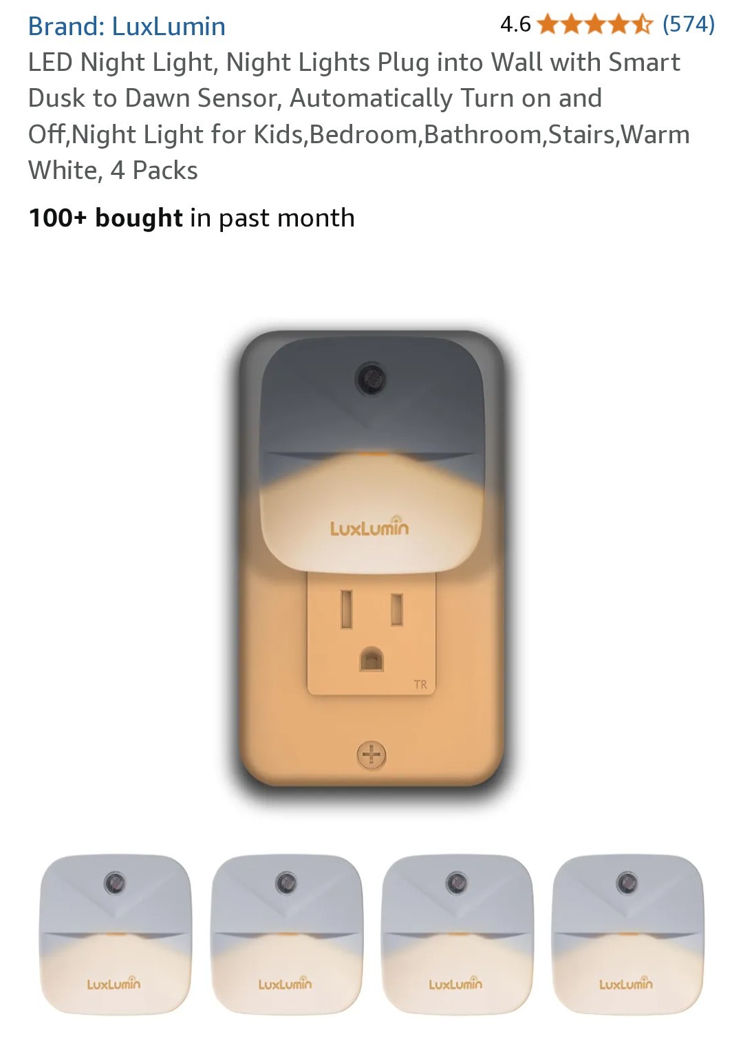 NIB Sealed 4 Pack of LuxLumin Light  Sensor Off / On Night Lights  AC 120V 60 Hz