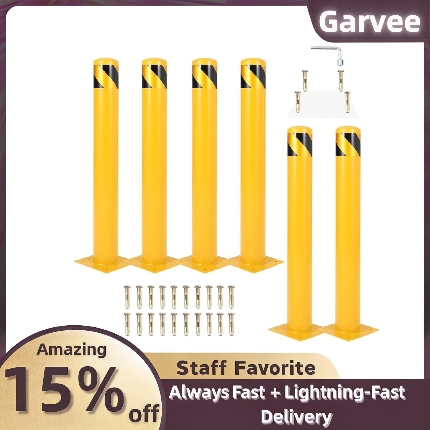Steel Safety Bollard 42", 4.5"Dia, Yellow, 6 Pcs with 32 Bolts for Traffic-Sensi