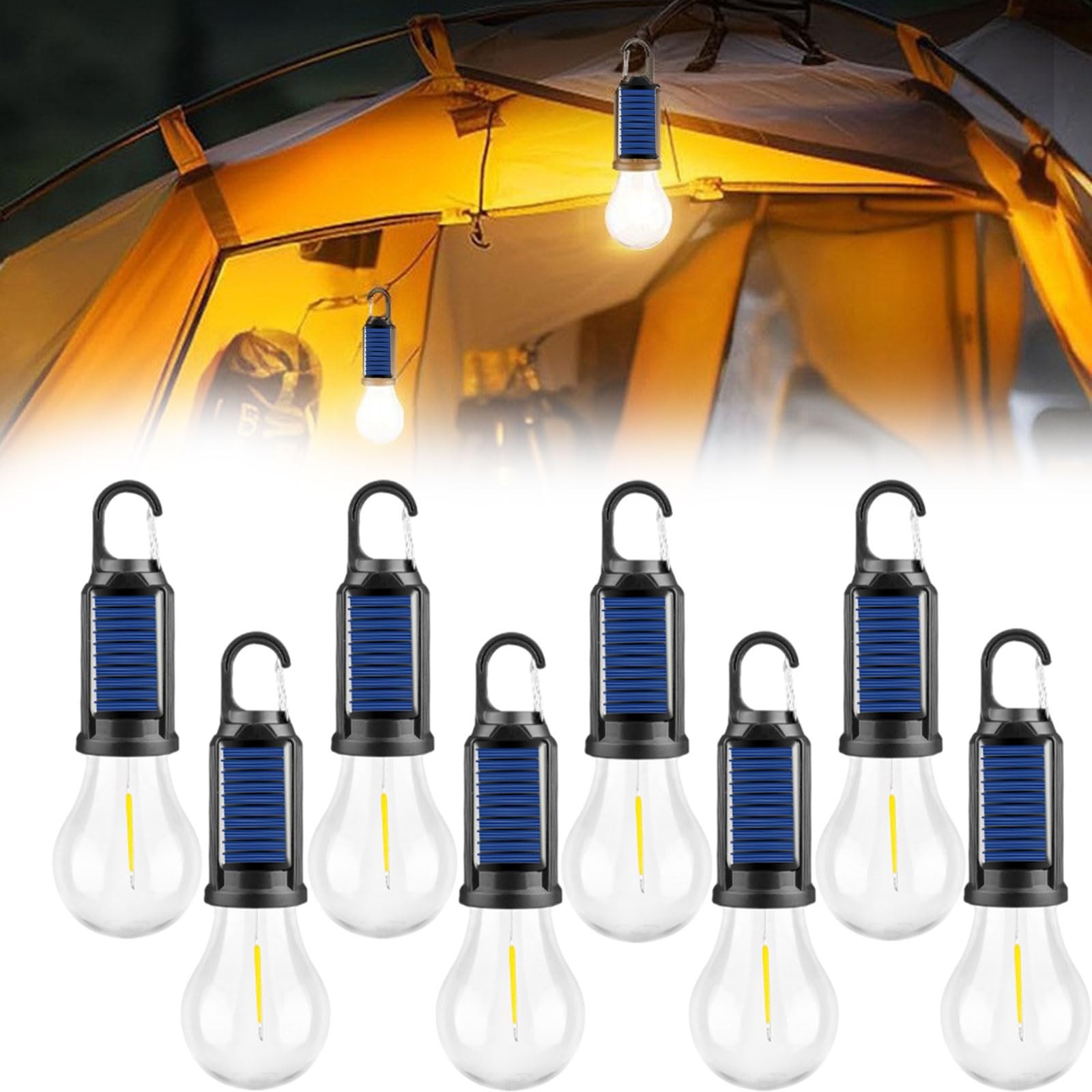 LED Solar Rechargeable Hanging Bulb Light Camp Waterproof Lamp Outdoor 8/1Pack