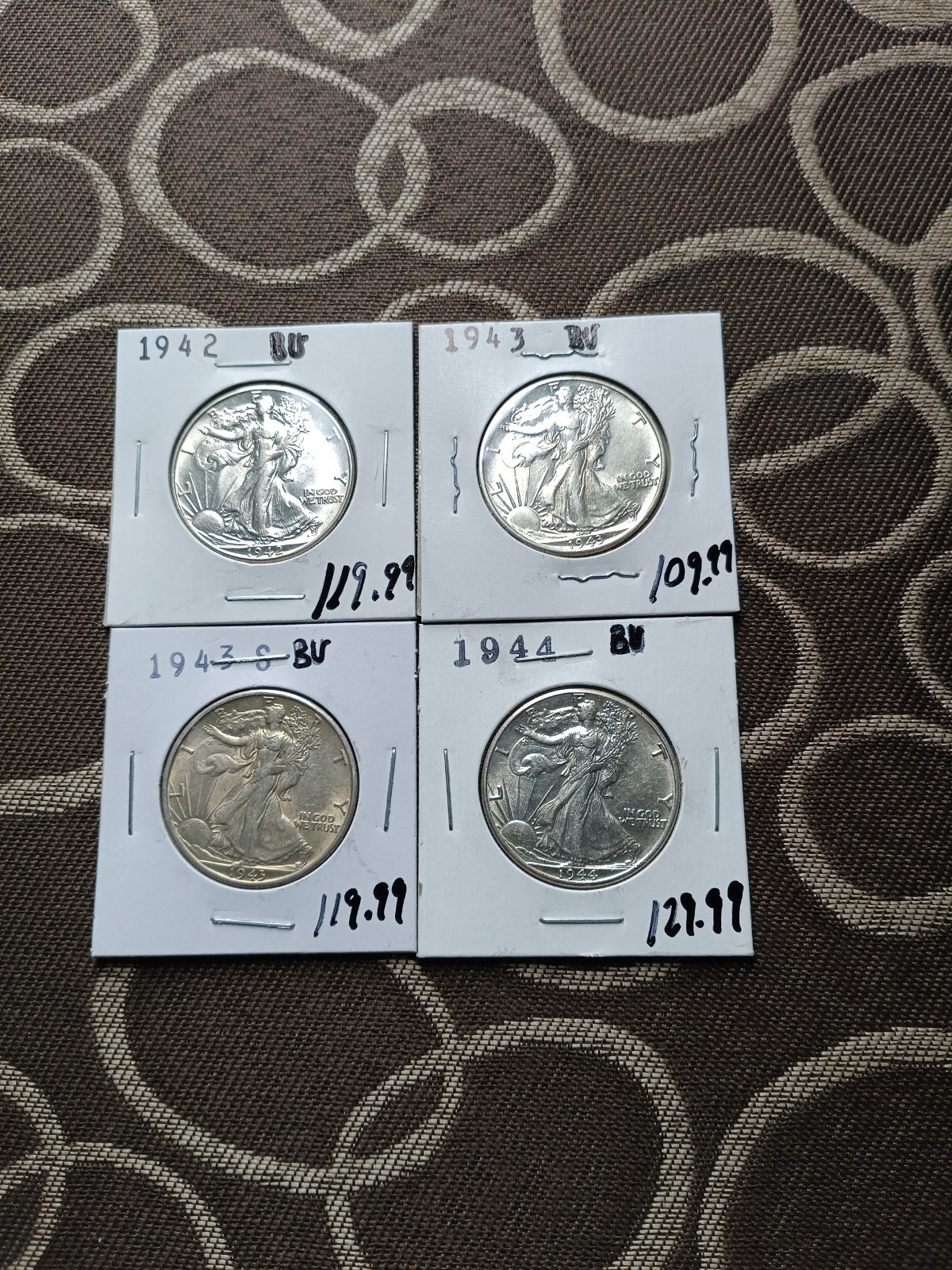 4 Walking Liberty Half Dollar Lot 90% Silver 1942-P, 1943-P, 1943-S, 1944-P