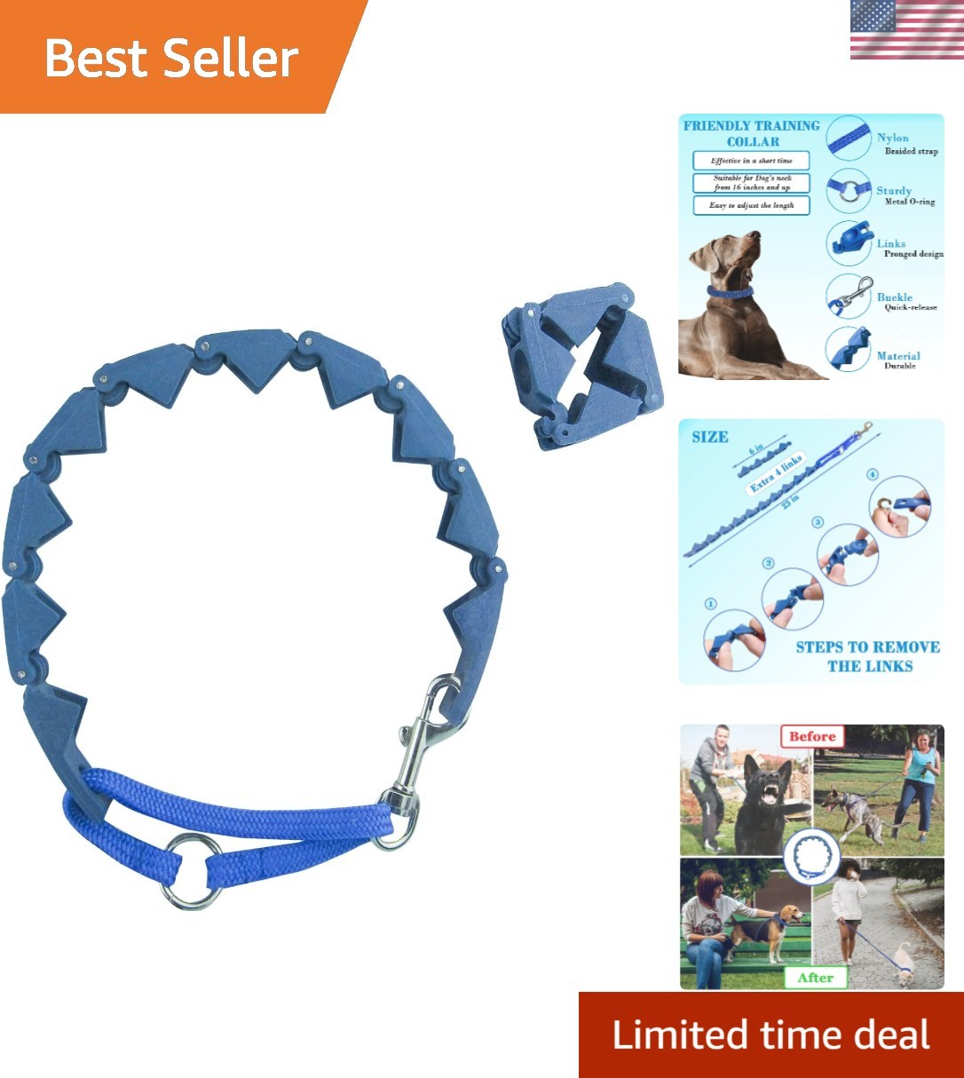 Extra Link Adjustable Training Collar in Blue for Medium, Large & X-Large Dogs