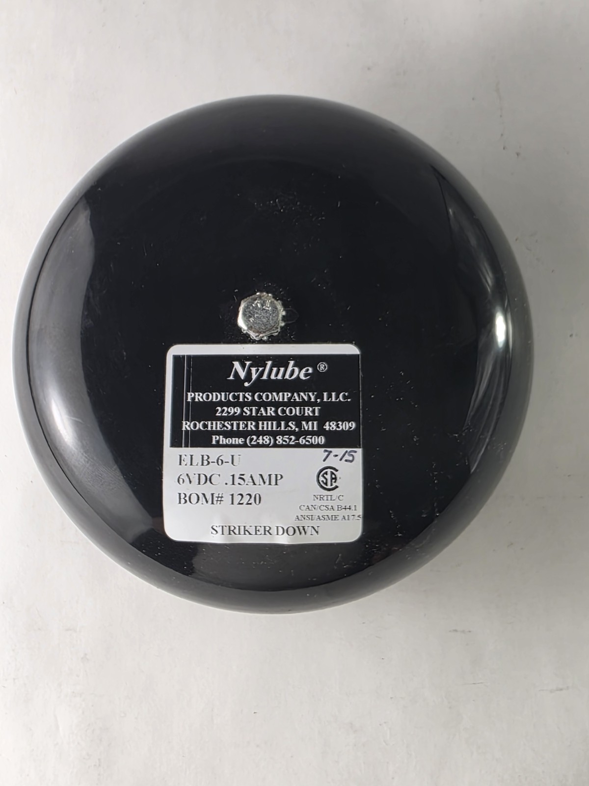 NYLUBE 6" Alarm Bell ELB-6-U, 6VDC 15 AMP Black, Striker Down BOM # 1220 NOS
