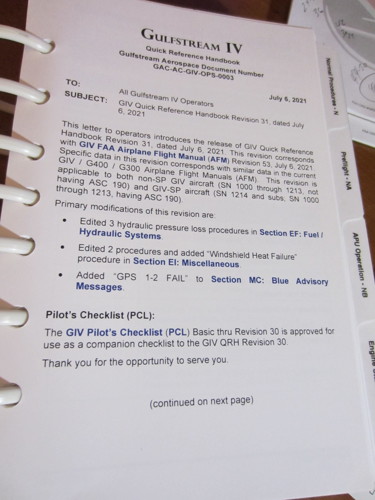 AIRCRAFT MANUAL GULFSTREAM GIV QUICK REFERENCE HANDBOOK 2021