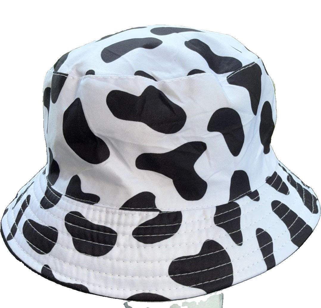 Cow Print Black White Bucket Hat Reversible to Black w Smile Size Small EUC