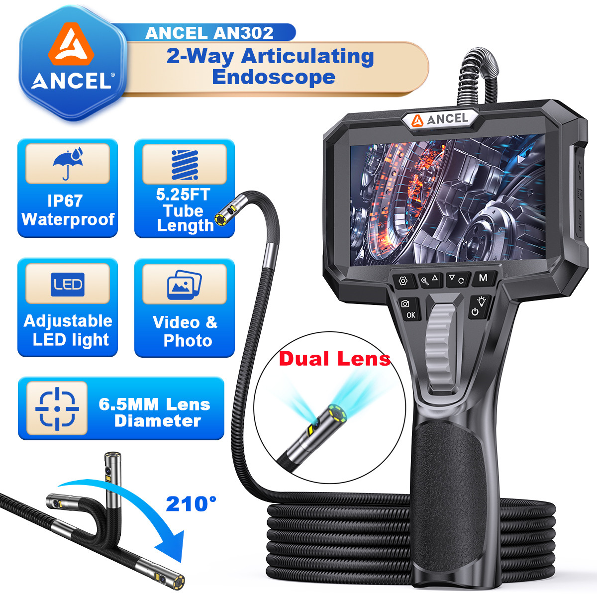 Dual Lens 6.5mm Borescope Camera with LED Light Inspection Endoscope Camera 210°