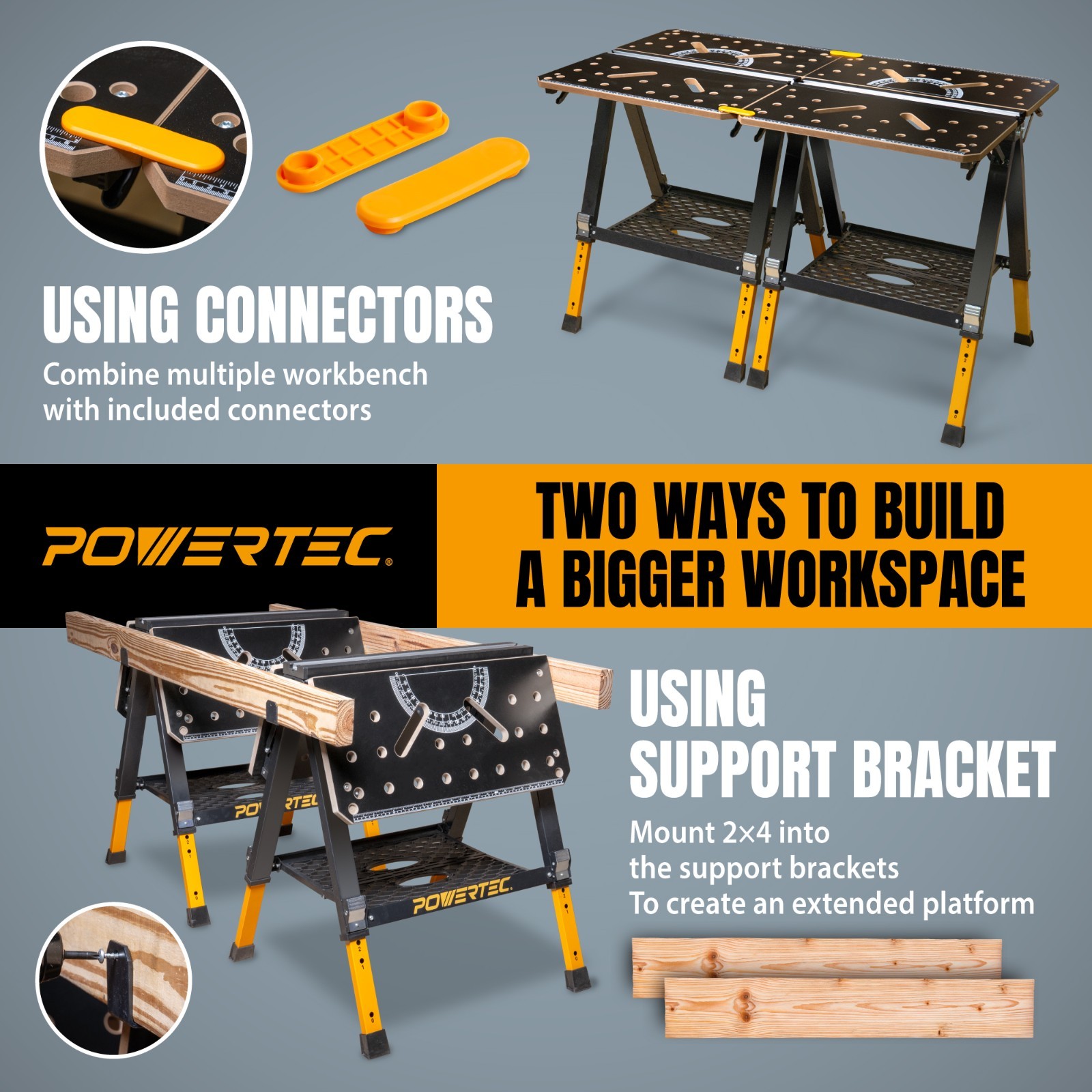 POWERTEC 2-in-1 Folding Work Table & Sawhorse 1000lb Capacity Portable Workbench