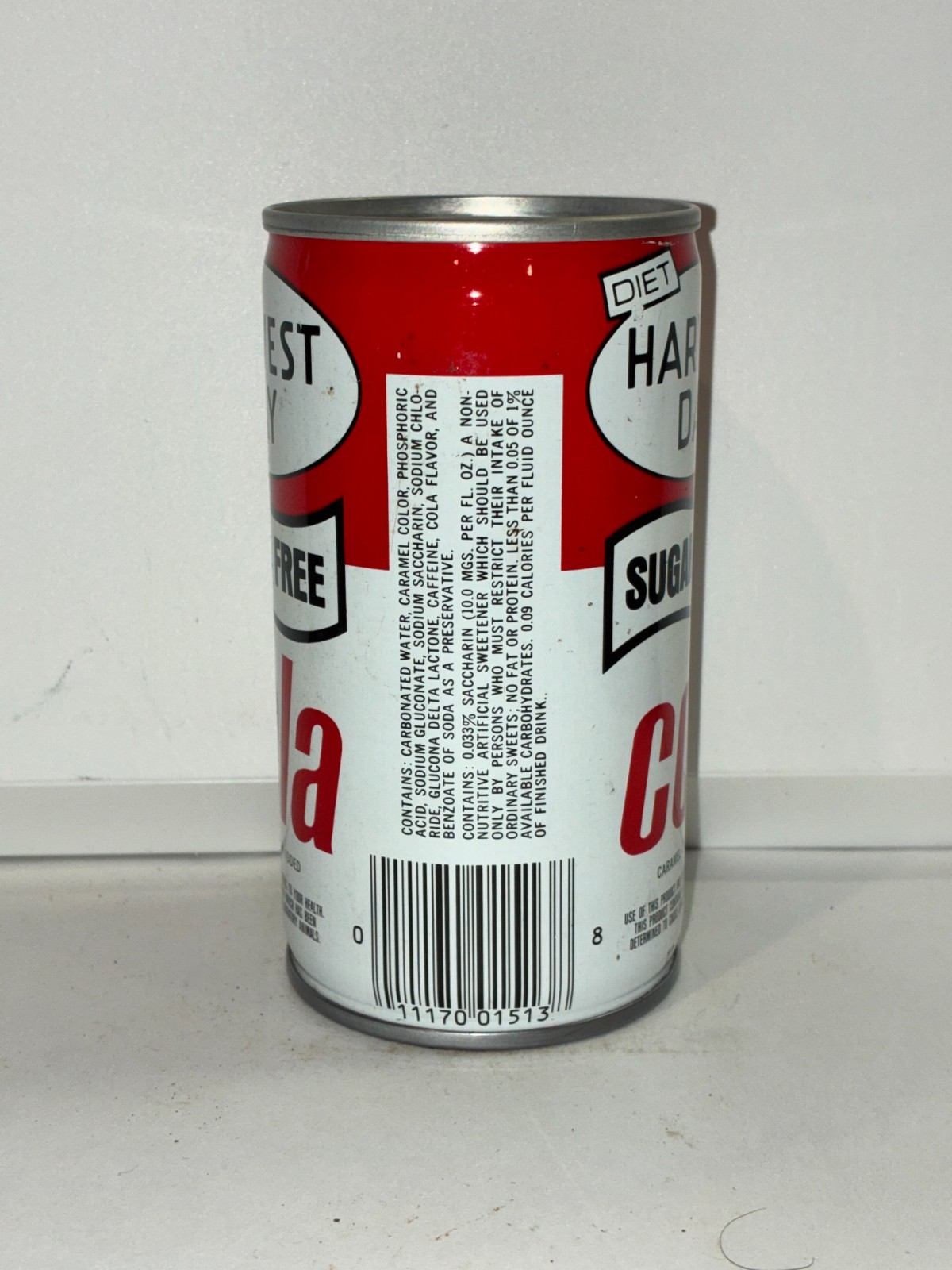 Diet Harvest Day Sugar Free Soda can, crimped, bar code, bottom opened