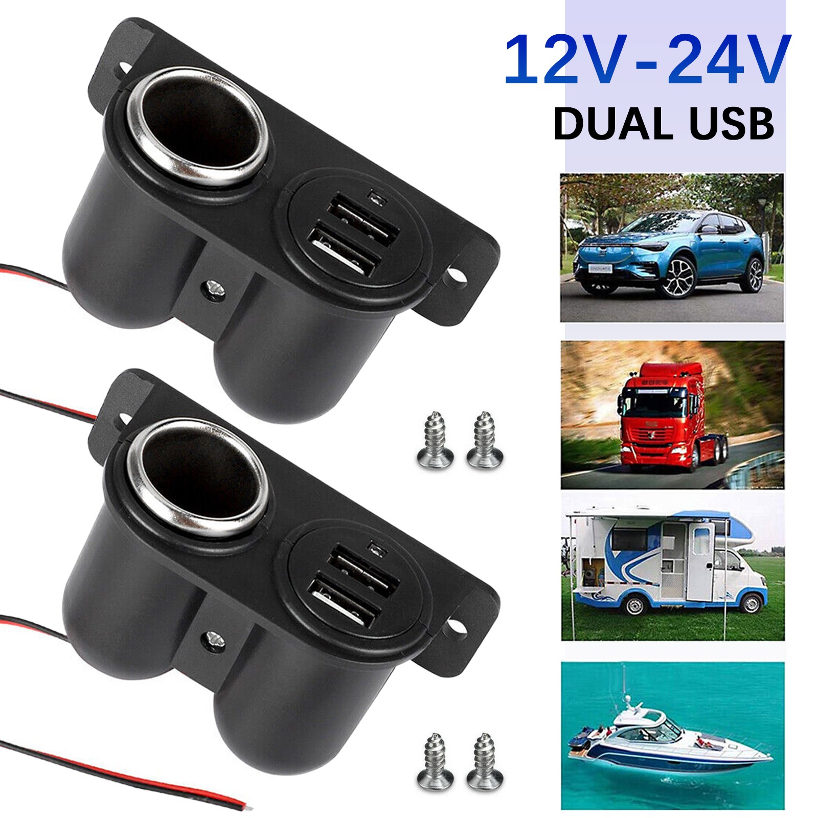 Dual USB Car Cigarette Lighter Socket Splitter Power Adapter Charger Outlet 2pc