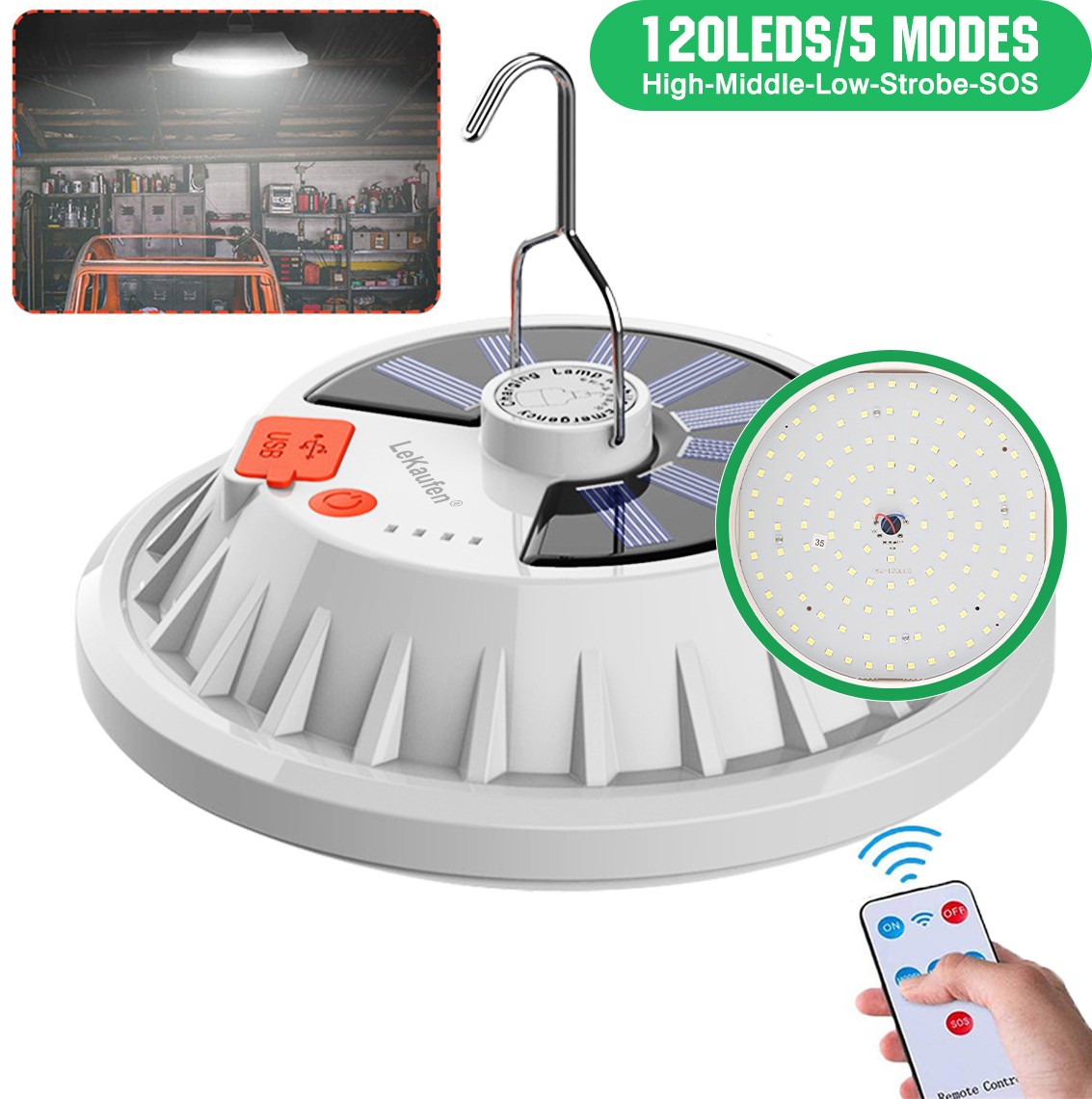 Solar Rechargeable 120-LED Lantern Camping Light Outdoor Hanging Lamp Work Light