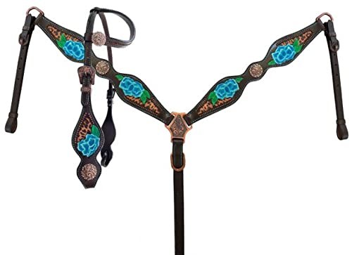 Showman Painted Blue Flower/Cheetah Print Leather Headstall & Breast Collar Set