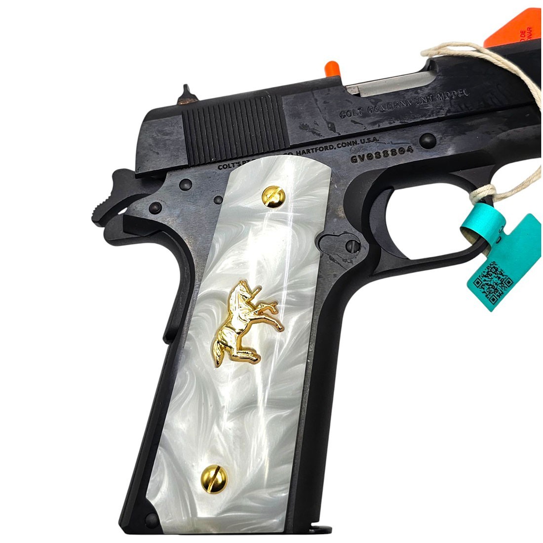 Colt white pearl 1911 grips gold metal horse for Government Commander full size