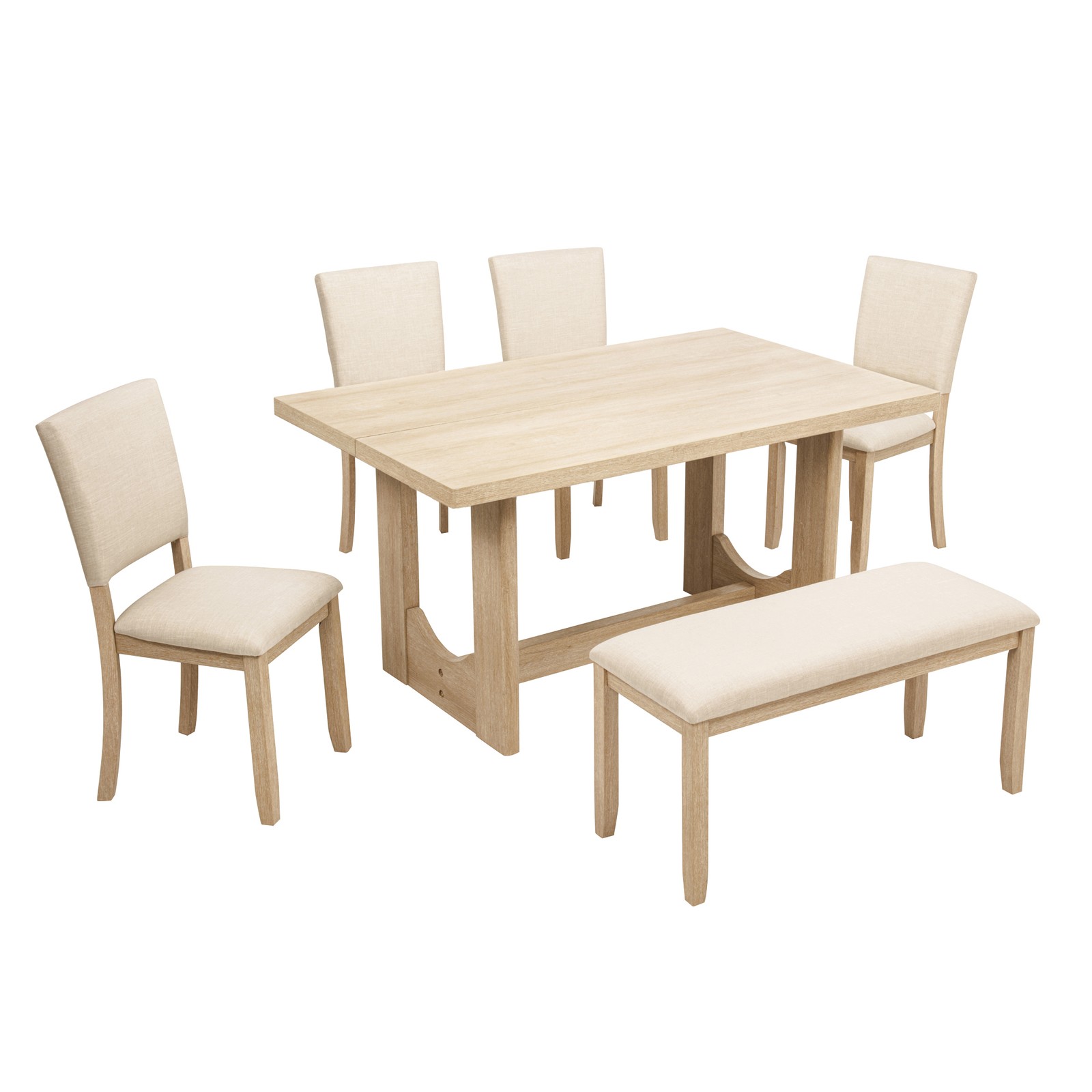 6-Piece Dining Set with Bench & Rectangular Wooden Table & 4 Upholstered Chair