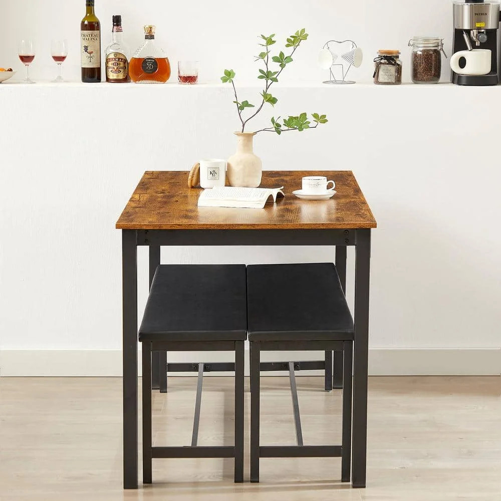3 Piece Dining Set 63 Inch Extendable Table Benches Chairs 4-6 People Brown
