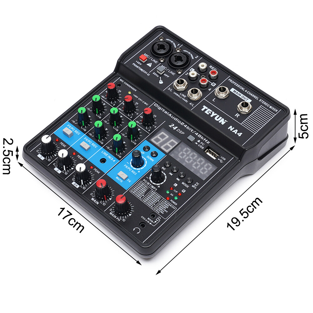 Mini Audio Mixer Bluetooth USB DJ Console 4 Channel Karaoke Live Studio 24 DSP