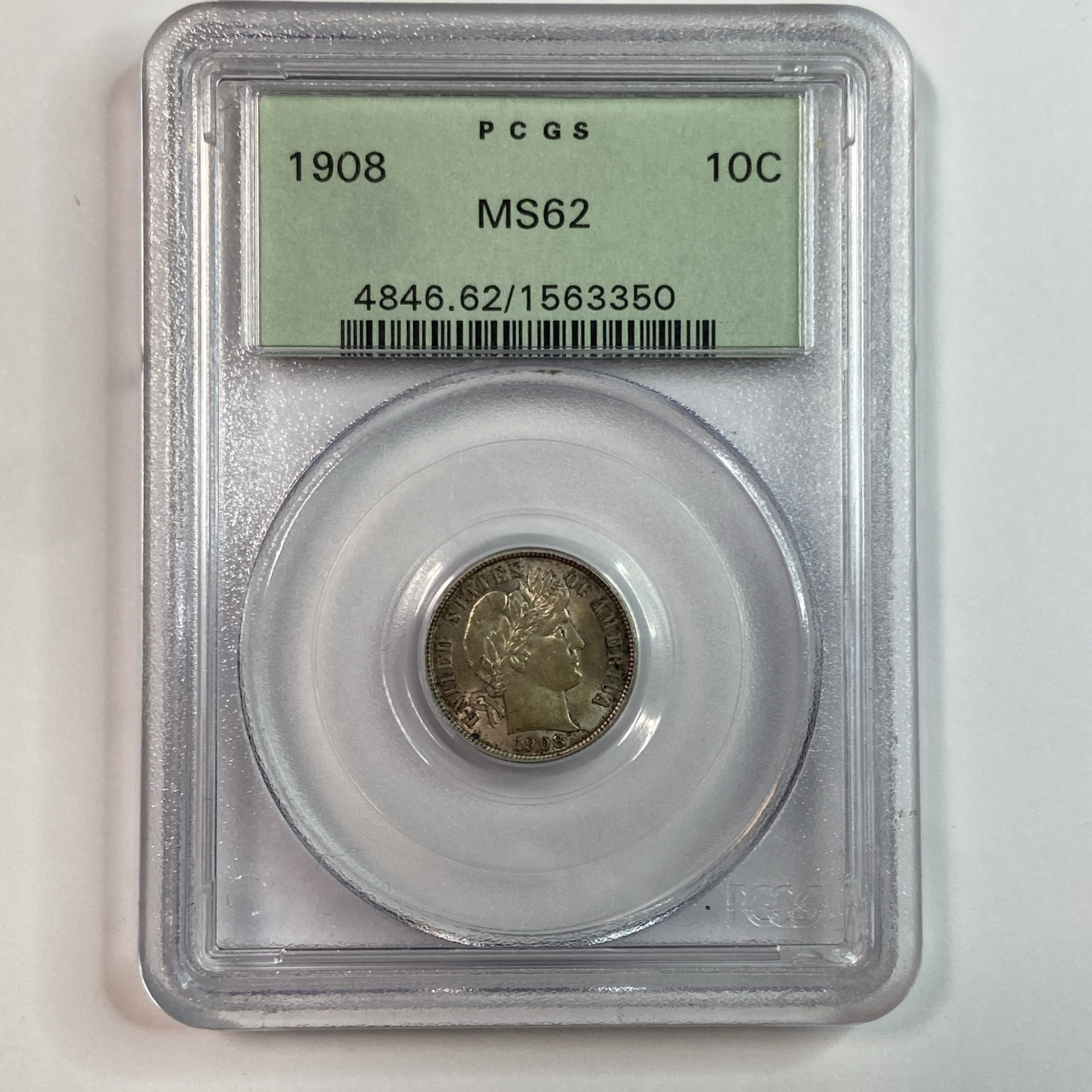 1908 BARBER DIME PCGS MS62