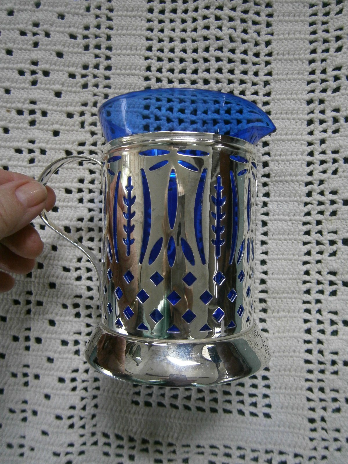 Silverplate Filigree Creamer/Pitcher with Cobalt Blue Glass Insert