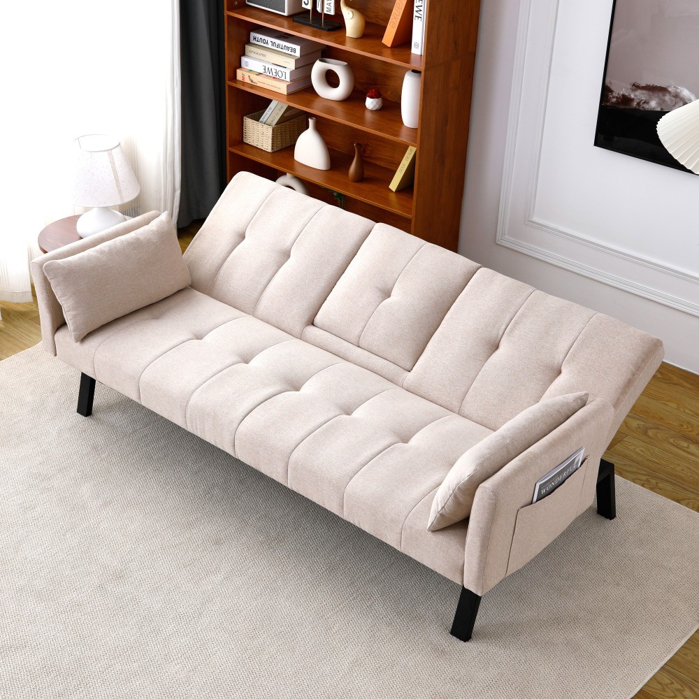 70" Cotton Linen Sofa Bed, Foldable Sofa w/Cup Holder& Storage,Multi-Functional