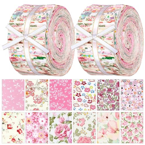 Ganeen 100 Pcs Pink Floral Cotton Fabric Roll Quilting Fabric Squares Jelly