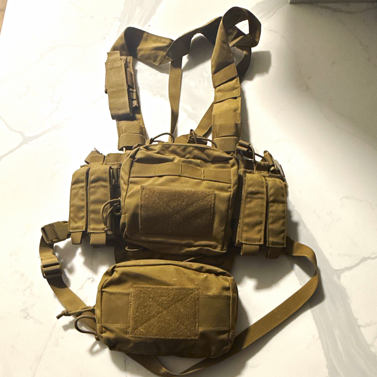 Tactical Chest Rig Harness w/Attached Pouches, Adjustable Nylon Tan