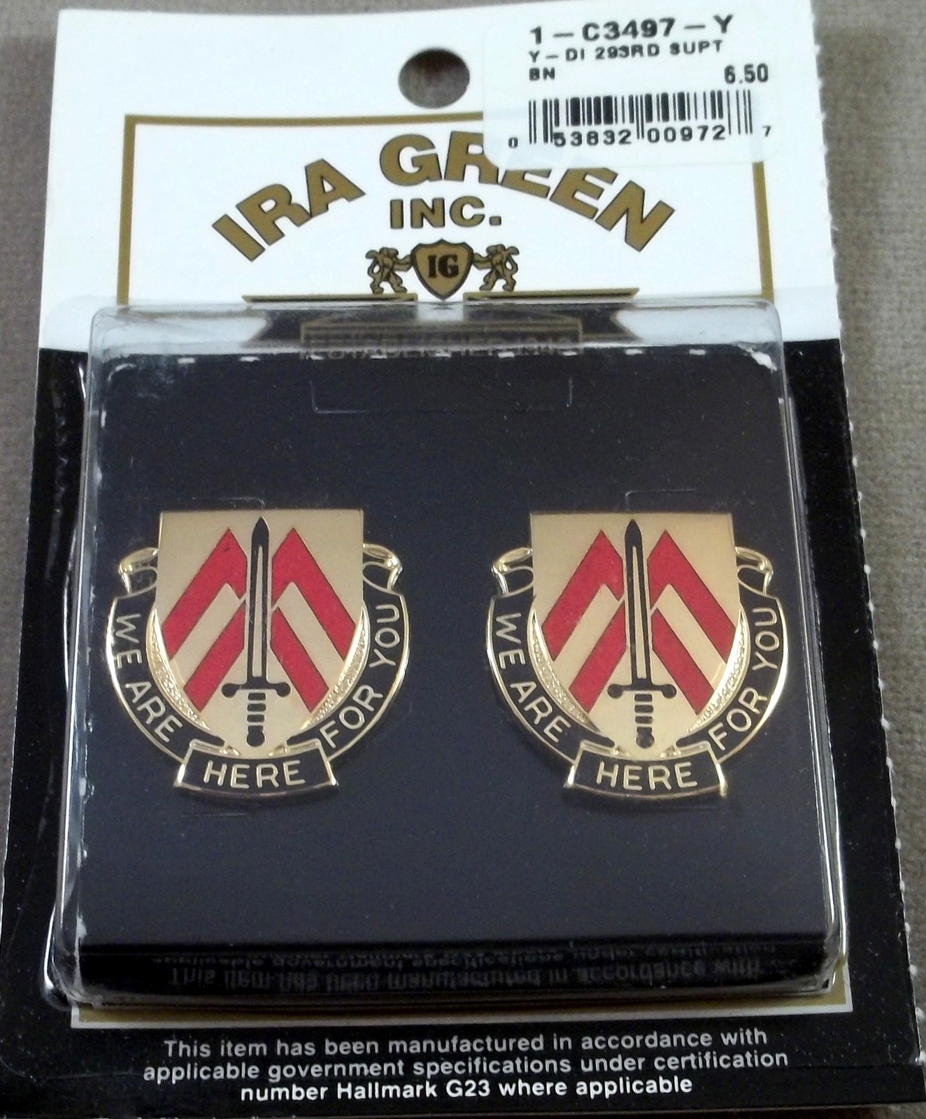 US Army 293rd Support Battalion Unit Crest Insignia - New Pair
