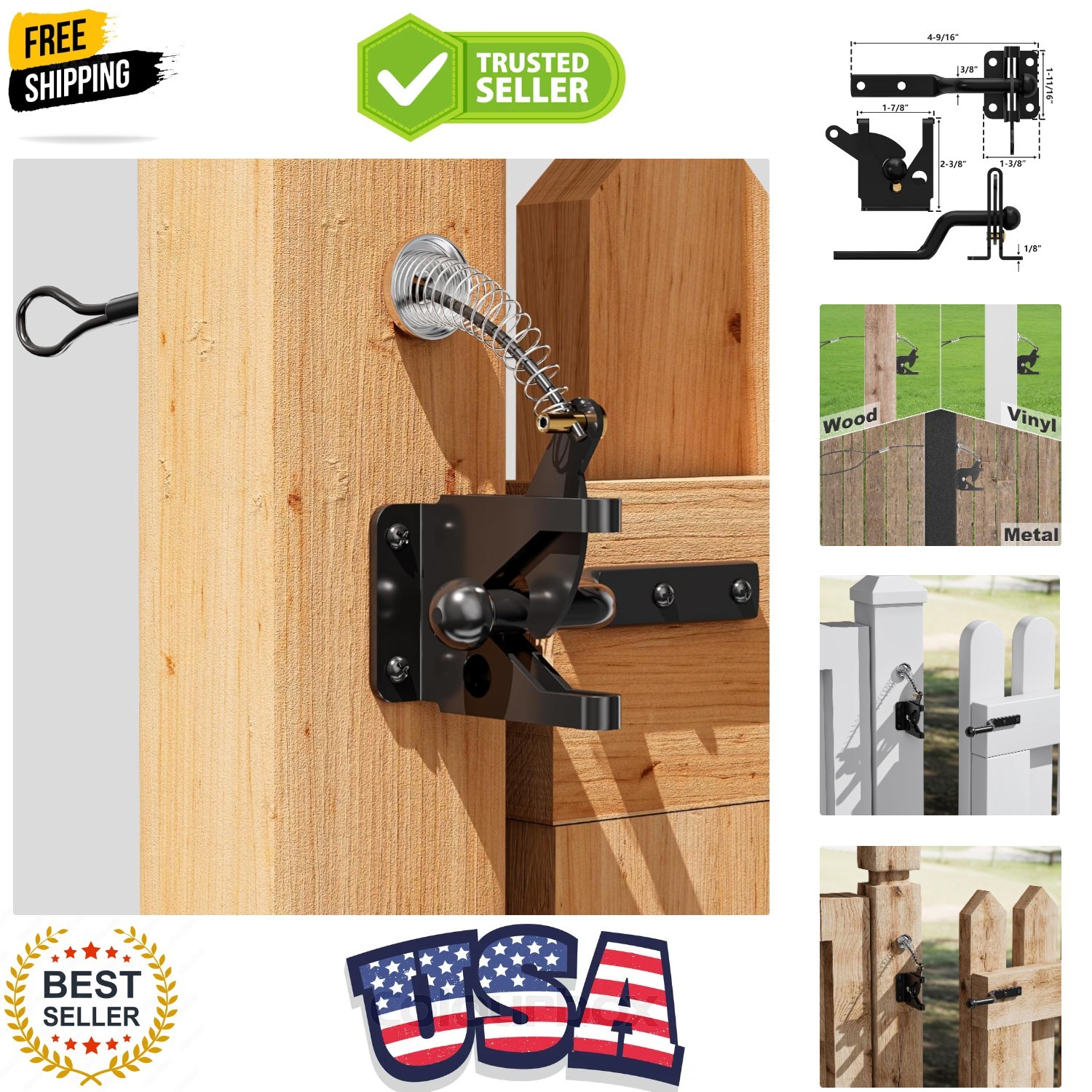 Self Locking Fence Gate Latch Carbon Steel Black/Lock Post Mount with Stainle...