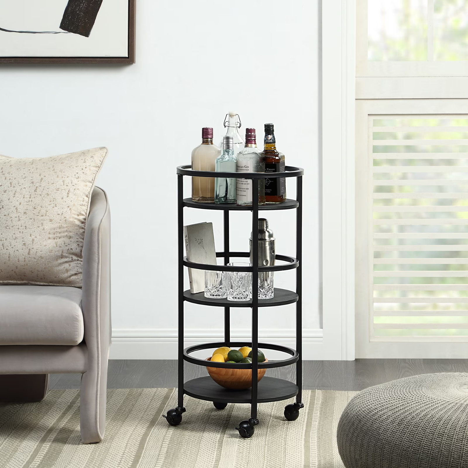 Mainstays 32" 3-Tier Rolling Round Kitchen Storage Bar Cart, Black