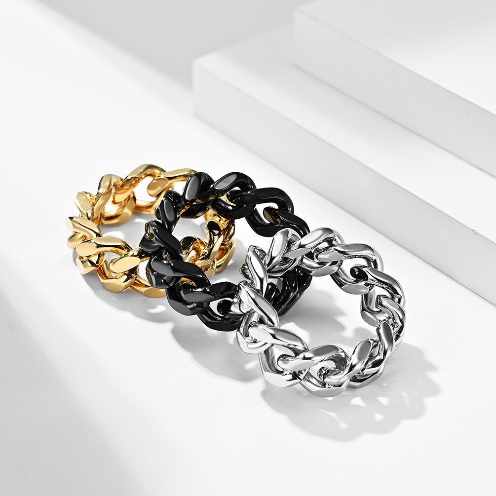 Hip Hop Stainless Steel Cuban Link Chain Ring for Men Sports Finger Ring Jewelry